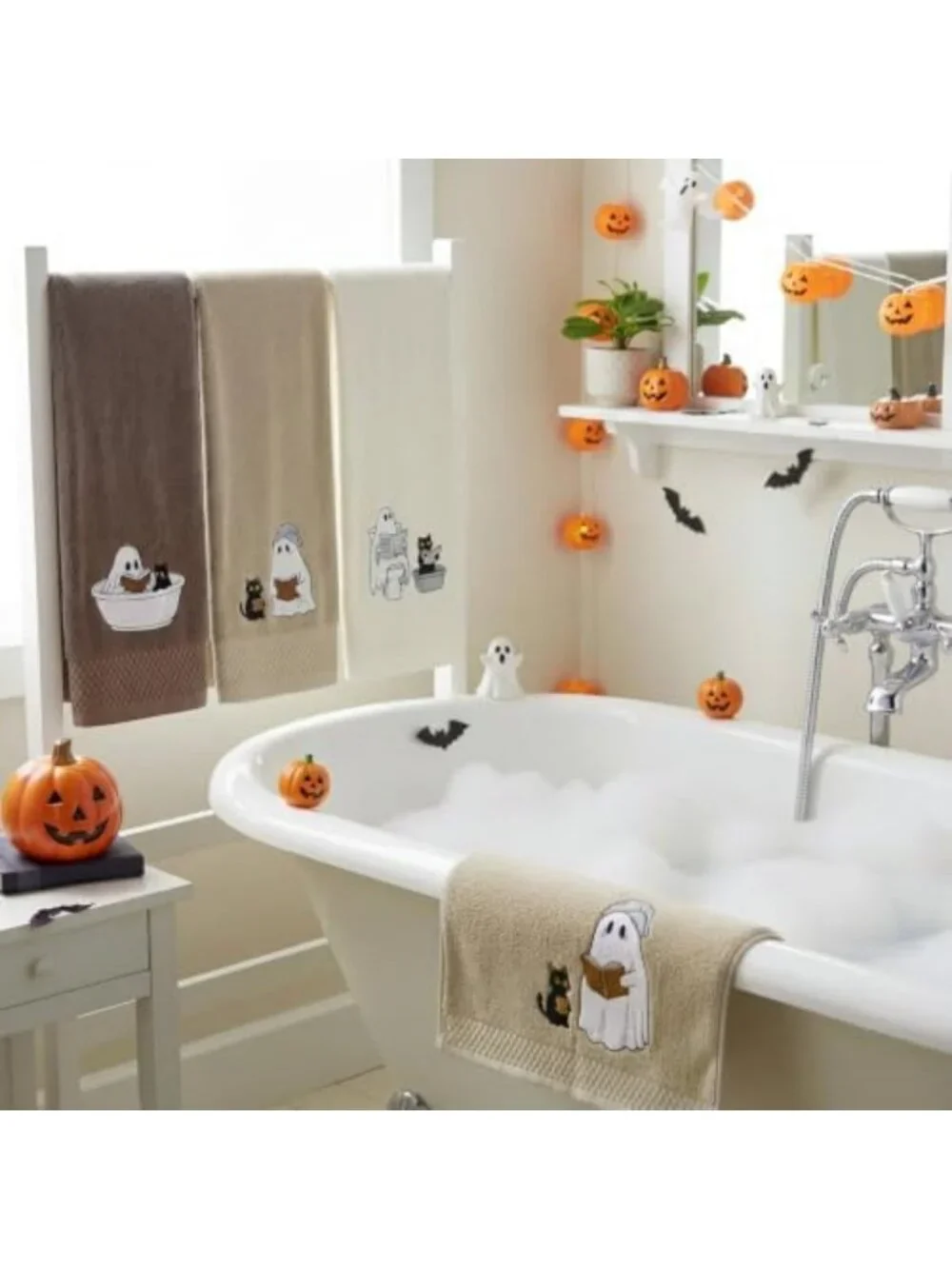 Set of 3 Halloween Hand Towels - 100% Cotton, Embroidered Ghost Design